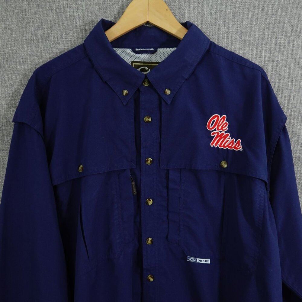 Drake Ole Miss Rebels Navy Embroidered Vented‎ Fishing Long Sleeve Shirt Size XL